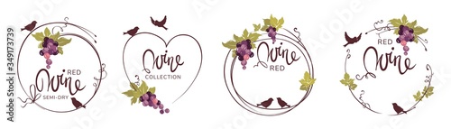 Wine label with birds and grapes / Set vector illustration, floral design element	