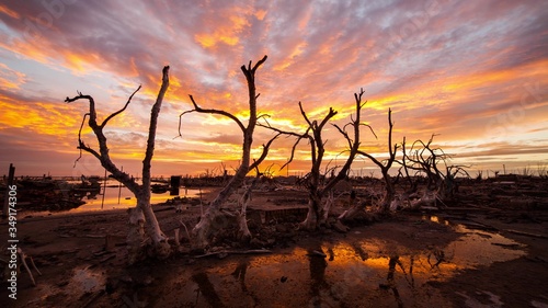 Orange sunset in Epecuen tourist village in Buenos Aires Province, Argentina photo