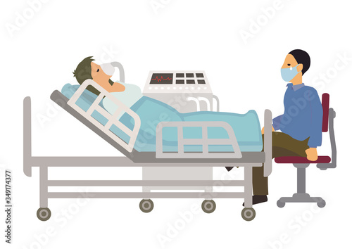 Intensive care patient woman receiving oxygen from a ventilation in intensive care department ward with his sad husband.