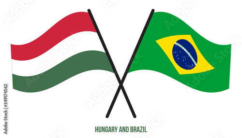 Hungary and Brazil Flags Crossed And Waving Flat Style. Official Proportion. Correct Colors