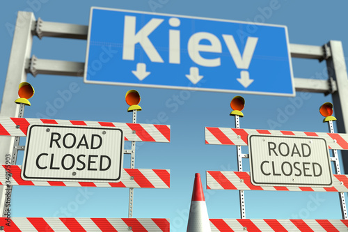 Barriers at Kiev city traffic sign. Quarantine or lockdown in Ukraine conceptual 3D rendering © Alexey Novikov