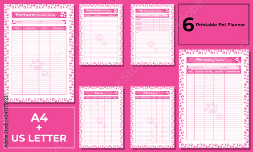 Minimalist pink Pet immunizations record, Heartworm Prevention record, Home made recipes, Pet walking tracker, Pet Training log, Pet care planner templates vector paper A4, US Letter, AI and EPS 10
