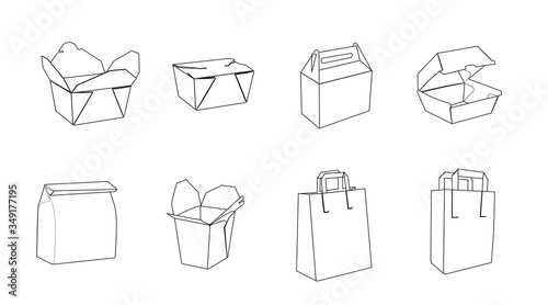 Vector Isolated Set of Different Paper Bags or Take Away Boxes in black and white