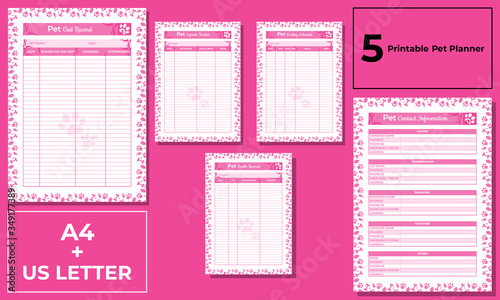 Minimalist pink Pet health record, Pet visit, Pet expense tracker, Pet feeding schedule,
Pet contact template vector AI and EPS 10