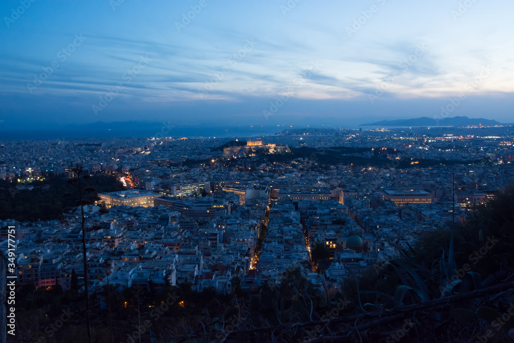 Night view of Athens city skyline and Acropolis at night, Greece
