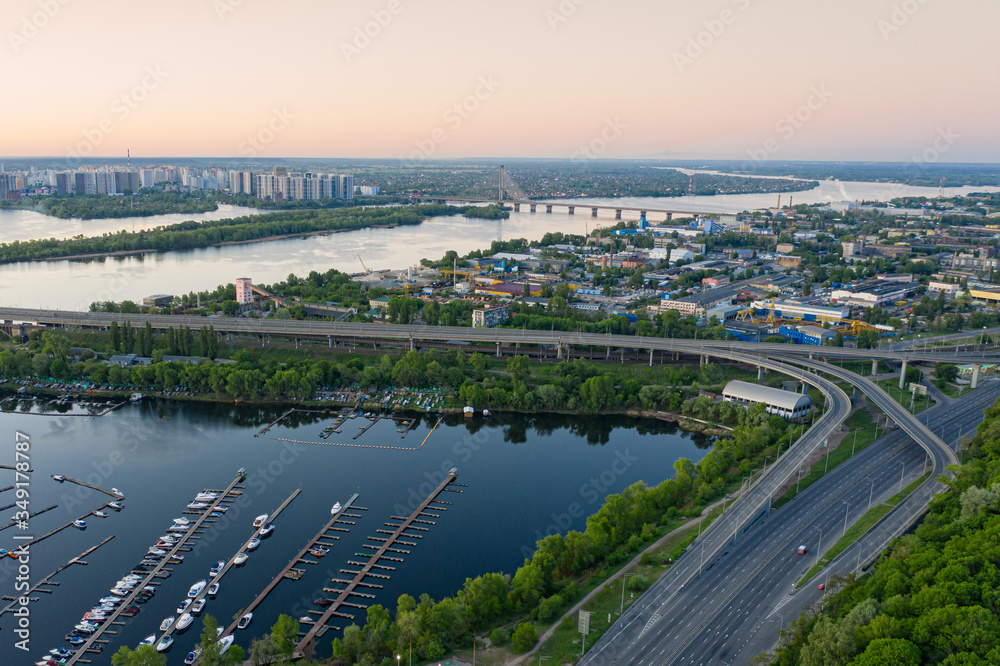 Aerial top view of industrial park zone from above, factory chimneys and warehouses, industry district in Kiev Kyiv , Ukraine