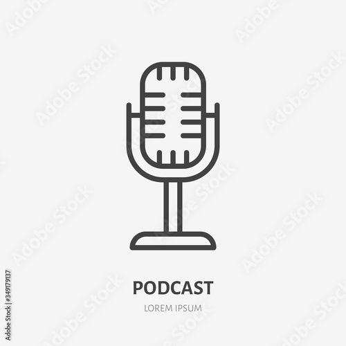 Podcast line icon, vector pictogram of retro microphone. Audio illustration, sign for music studio