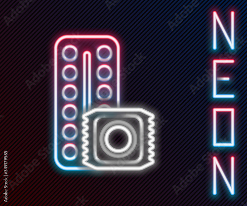 Glowing neon line Packaging of birth control pills and condom in package safe sex icon isolated on black background. Contraceptive pill. Colorful outline concept. Vector