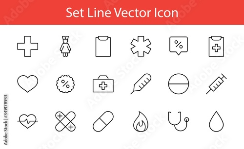 Set of Medicine vector line icons. It contains the first aid kit, nurse, syringe, thermometer, plastic, pills, heart, drop of blood, palpitation and much more. Editable Stroke. 32x32 pixels.