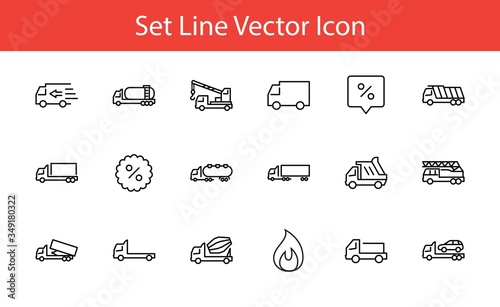 Truck Set of Transport Vector Line Icons. Contains such Icons as Truck, Transportation, Tow Truck, Cranes, Mixer, Garbage Truck, Manipulators, Delivery service and more. Editable Stroke. 32x32 Pixels