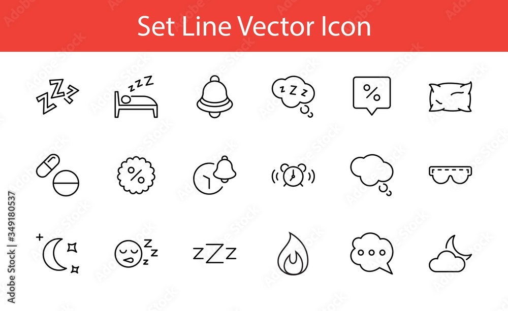 Sleep Vector Line Icons Set. Contains such Icons as Alarm Clock, Bed, Insomnia, Pillow, Sleeping Pills, Bell, Glasses for sleep, Bubble and more. Editable Stroke. 32x32 Pixels