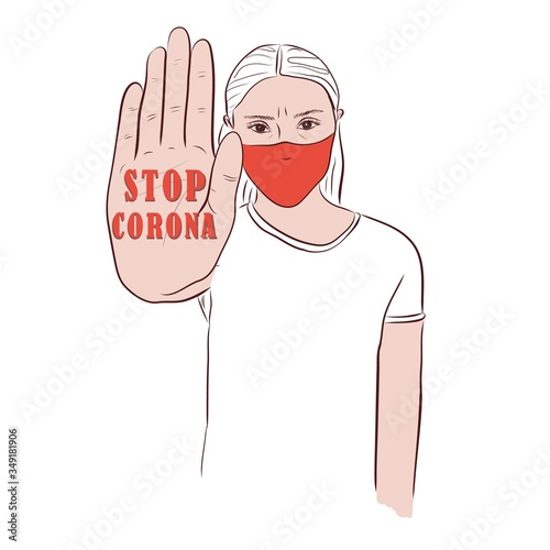 Stop virus, racism. Portrait of woman in a headscarf and a medical mask holding a palm in front of her with stop sign..  Vaccine development. Vector illustration