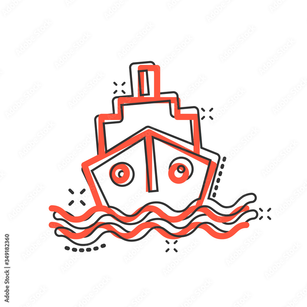 Tourism ship icon in comic style. Fishing boat cartoon vector illustration on white isolated background. Tanker destination splash effect business concept. Tourism ship icon in comic style. Fishing boat cartoon vector illustration on white isolated background. Tanker destination splash effect business concept.