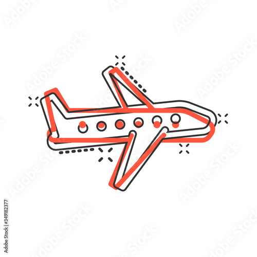 Plane icon in comic style. Airplane cartoon vector illustration on white isolated background. Flight airliner splash effect business concept.