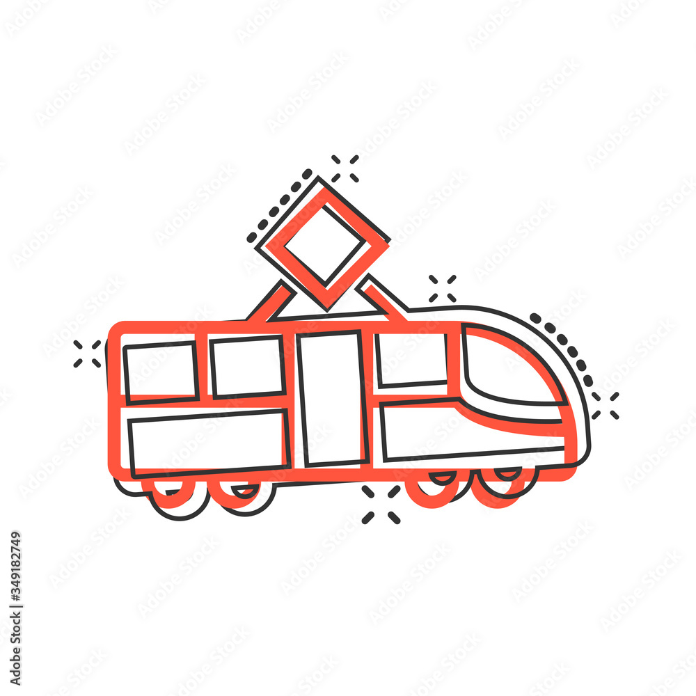 Fototapeta premium Metro icon in comic style. Train subway cartoon vector illustration on white isolated background. Railroad cargo splash effect business concept.