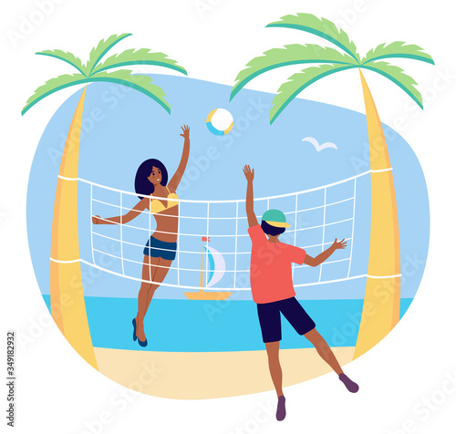 Group of afroamerican player in beach volleyball - young man and girl enjoying group activity in a beach with ball. Vector stock illustration - black students on vacation in tropical place