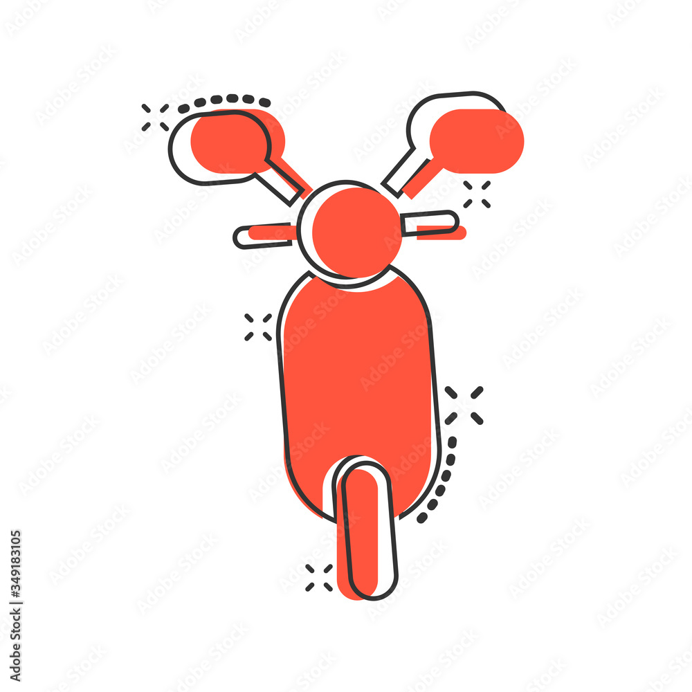 Motorbike icon in comic style. Scooter cartoon vector illustration on white isolated background. Moped vehicle splash effect business concept. Motorbike icon in comic style. Scooter cartoon vector illustration on white isolated background. Moped vehicle splash effect business concept.