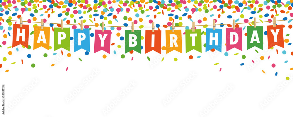 happy birthday party flags banner with confetti rain isolated on white background vector illustration EPS10 happy birthday party flags banner with confetti rain isolated on white background vector illustration EPS10