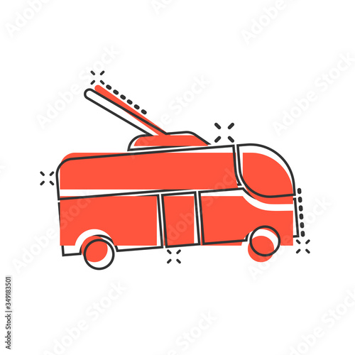 Trolleybus icon in comic style. Trolley bus cartoon vector illustration on white isolated background. Autobus vehicle splash effect business concept.