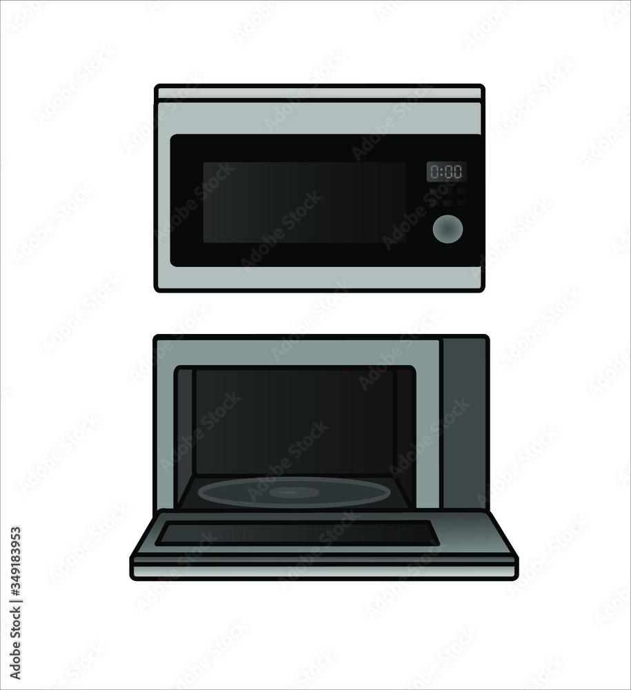 Black and grey microwave oven with a door closed and opening down. Illustration of modern microwave vector for web design. Isolated on white background. Black and grey microwave oven with a door closed and opening down. Illustration of modern microwave vector for web design. Isolated on white background.