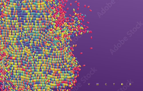 Irregular array or matrix of random ovals. Background breaking down into small fragments. Motion vector illustration.