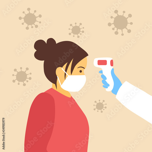 Measuring the temperature of a woman with medical digital infrared thermometer in side view. Covid-19 coronavirus epidemic outbreak. Covid-19 thermo scan checkpoint concept vector illustration.