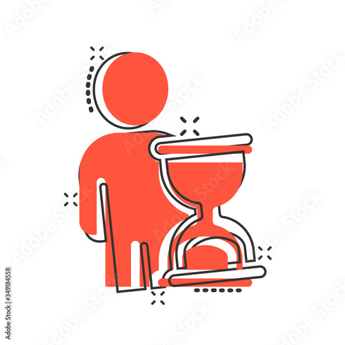 People and clock icon in comic style. User time cartoon vector illustration on white isolated background. Businessman splash effect business concept.