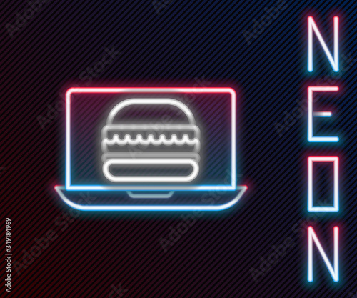 Glowing neon line Online ordering and burger delivery icon isolated on black background. Colorful outline concept. Vector