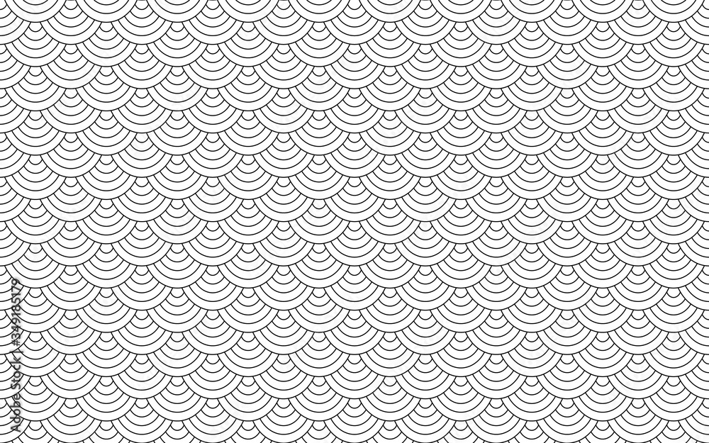 Fish, mermaid, dragon, snake, scallop scales. Japane secircle wave seamless pattern. Tail scale pattern. Minimal background, abstract texture Seamless background Vector illustration