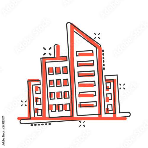 Building icon in comic style. Town skyscraper apartment cartoon vector illustration on white isolated background. City tower splash effect business concept.