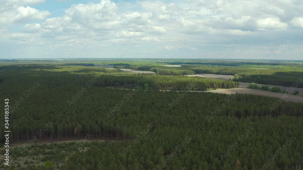 Aerial drone flying over field of pine forest and countryside at sunny cloudy spring time. Wonderful drone video for ecological concept Aerial drone flying over field of pine forest and countryside at sunny cloudy spring time. Wonderful drone video for ecological concept
