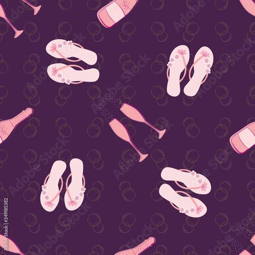 Vector champagne glasses, bottles and flip flop shoe vector seamless pattern background. Pink purple sparkling wine icons, sandals backdrop. All over print for beach, hen party, celebration concept