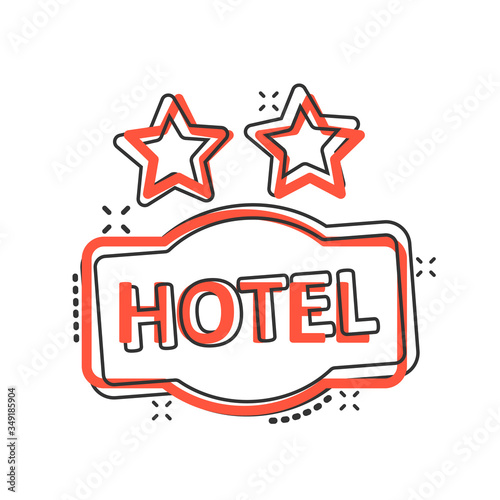 Hotel 2 stars sign icon in comic style. Inn cartoon vector illustration on white isolated background. Hostel room information splash effect business concept.