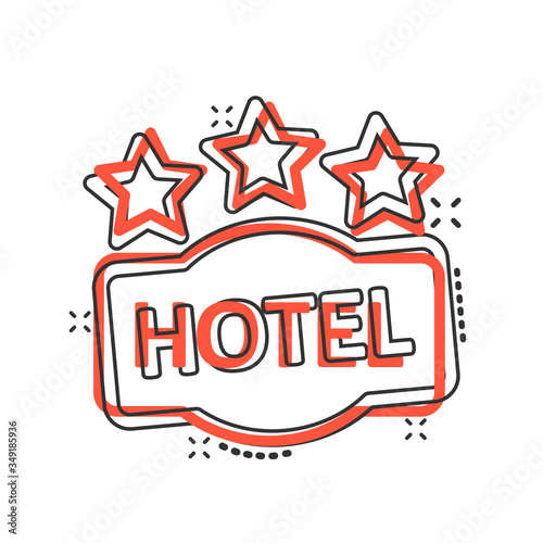 Hotel 3 stars sign icon in comic style. Inn cartoon vector illustration on white isolated background. Hostel room information splash effect business concept.
