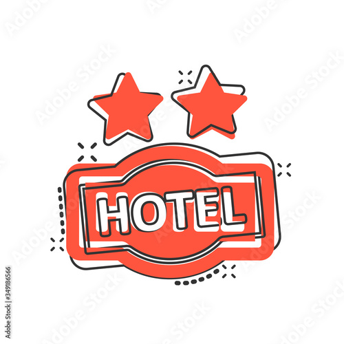 Hotel 2 stars sign icon in comic style. Inn cartoon vector illustration on white isolated background. Hostel room information splash effect business concept.