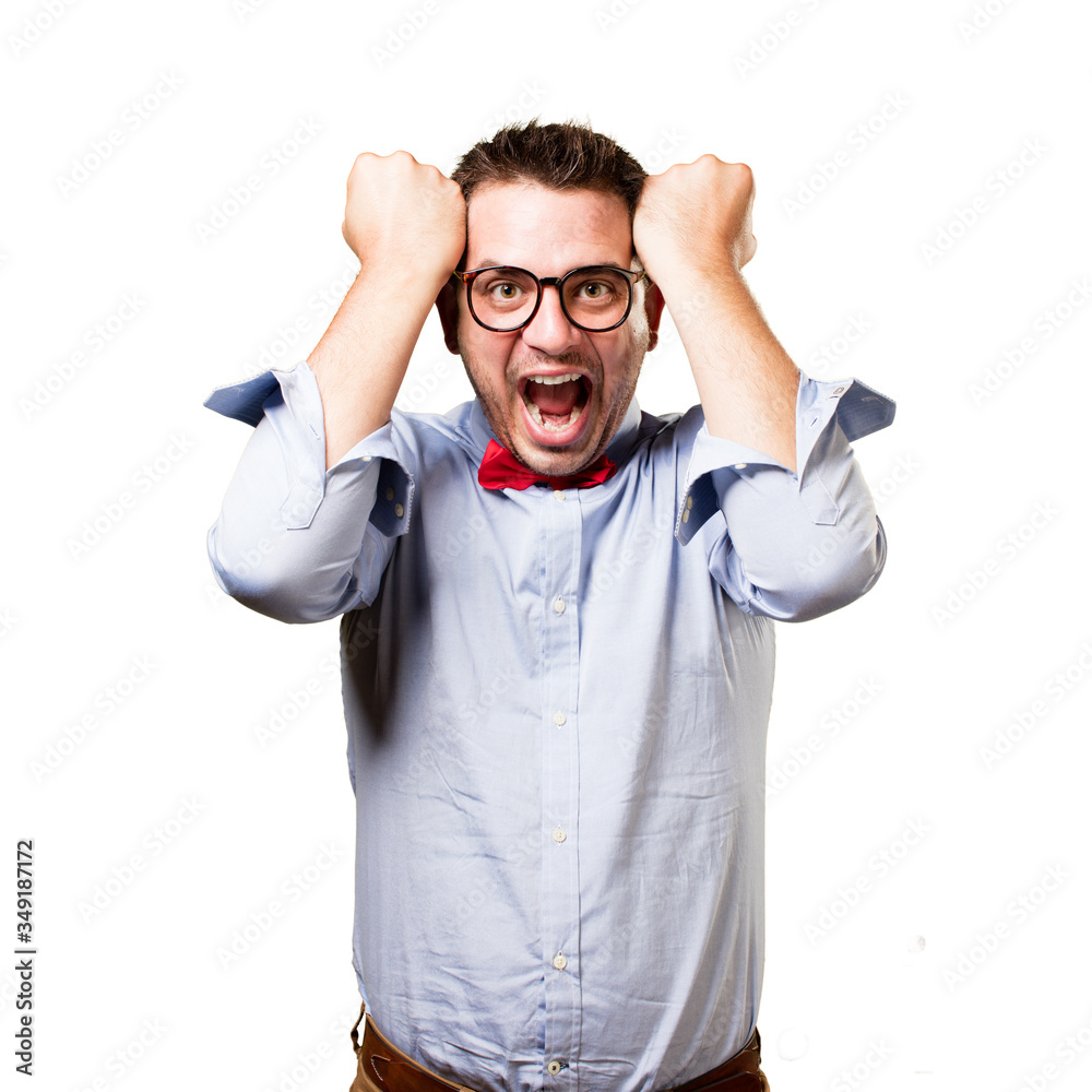 Man wearing a red bow tie. Looking crazy. Man wearing a red bow tie. Looking crazy.