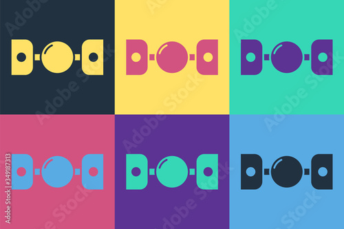 Pop art Silicone ball gag with a leather belt icon isolated on color background. Fetish accessory. Sex toy for men and woman. Vector