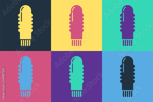 Pop art Dildo vibrator for sex games icon isolated on color background. Sex toy for adult. Vaginal exercise machines for intimate. Vector