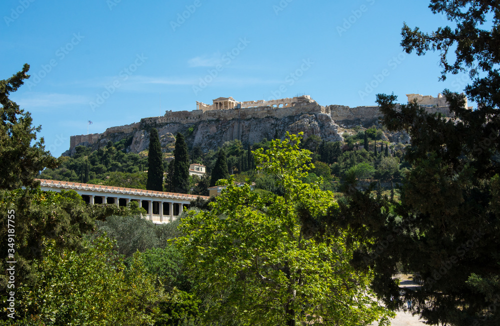 Panoramic view of Stoa Attalos with Acropolis in the background, Athens, Greece