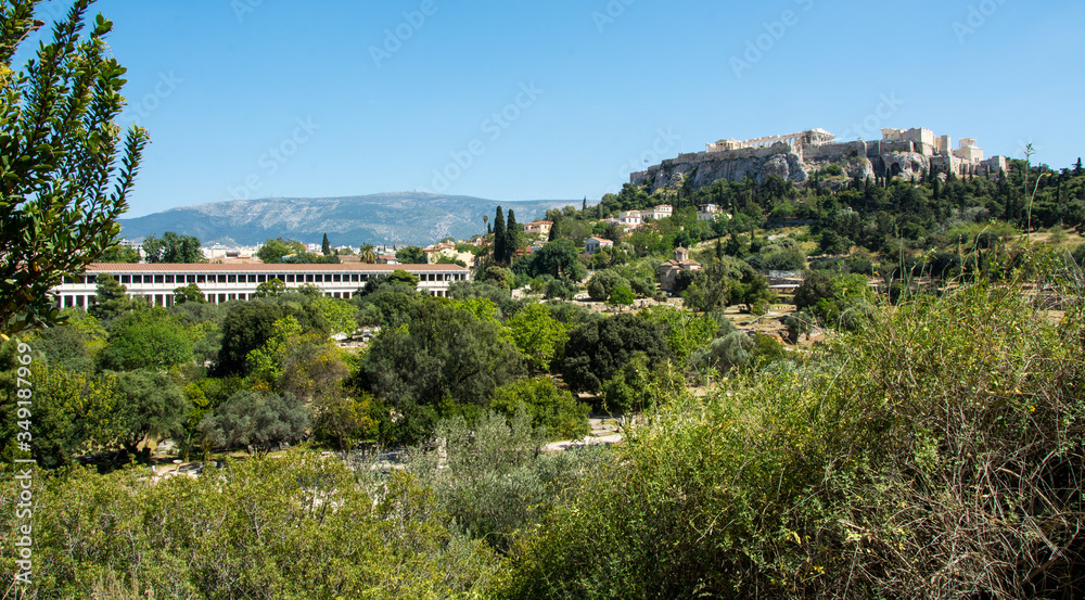 Panoramic view of Stoa Attalos with Acropolis in the background, Athens, Greece