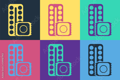 Pop art Packaging of birth control pills and condom in package safe sex icon isolated on color background. Contraceptive pill. Vector