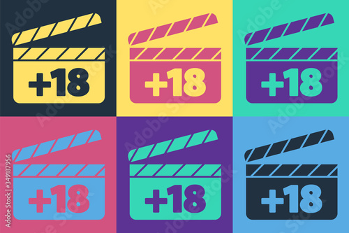Pop art Movie clapper with 18 plus content icon isolated on color background. Age restriction symbol. Adult channel. Vector