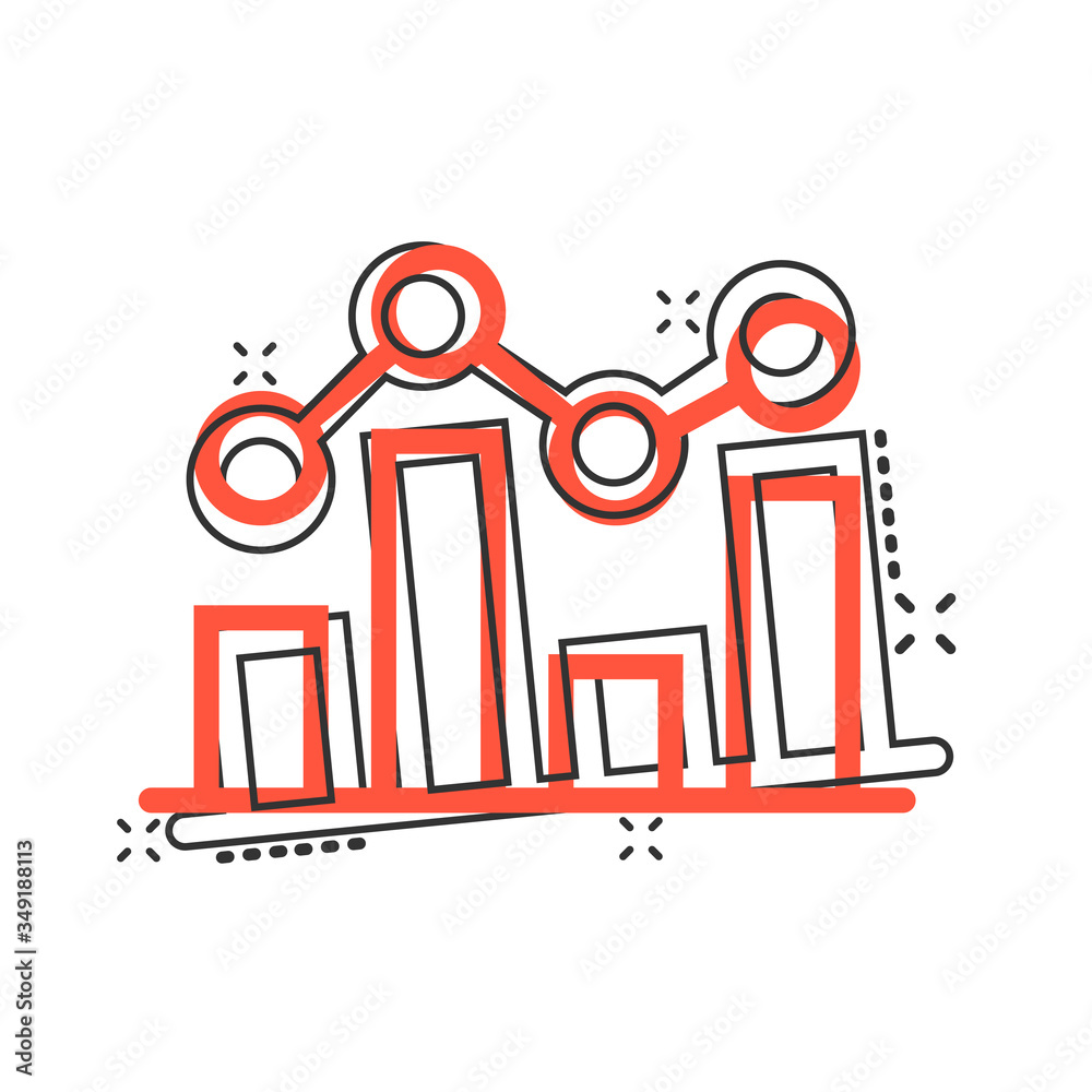 Chart graph icon in comic style. Arrow grow cartoon vector illustration on white isolated background. Analysis splash effect business concept. Chart graph icon in comic style. Arrow grow cartoon vector illustration on white isolated background. Analysis splash effect business concept.