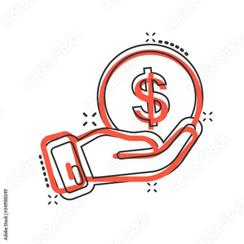 Remuneration icon in comic style. Money in hand cartoon vector illustration on white isolated background. Coin payroll splash effect business concept.