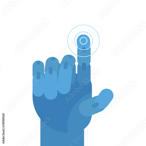 Robot and mechanical hand. Robotic arm presses the index finger on the button. Cybernetic and artificial intelligence. Push button, control hand, prosthesis. Vector illustration