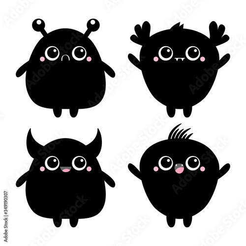 Fototapeta Naklejka Na Ścianę i Meble -  Happy Halloween. Monster black silhouette. Baby icon set. Cute cartoon kawaii scary funny character. Eyes, tooth fang, tongue, hands up. White background. Isolated. Flat design.