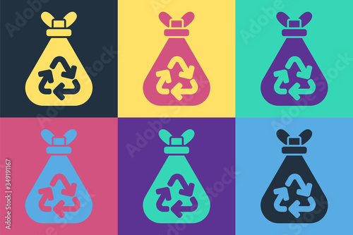 Pop art Garbage bag with recycle symbol icon isolated on color background. Trash can icon. Recycle basket sign. Vector