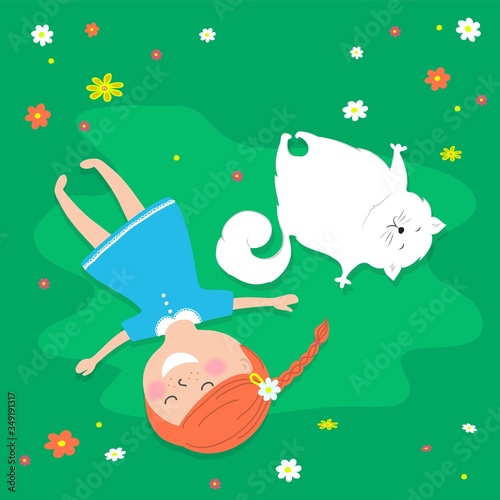 Little girl and cat lying on the grass, vector cartoon illustration