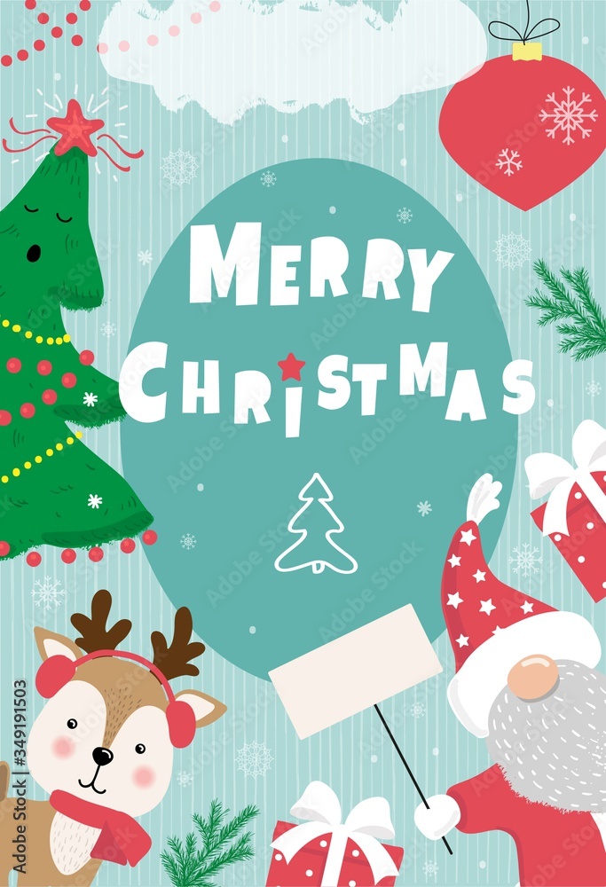 Christmas card with Santa, Christmas tree and deer,vector illustration