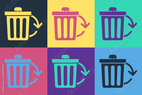 Pop art Recycle bin with recycle symbol icon isolated on color background. Trash can icon. Garbage bin sign. Recycle basket sign. Vector